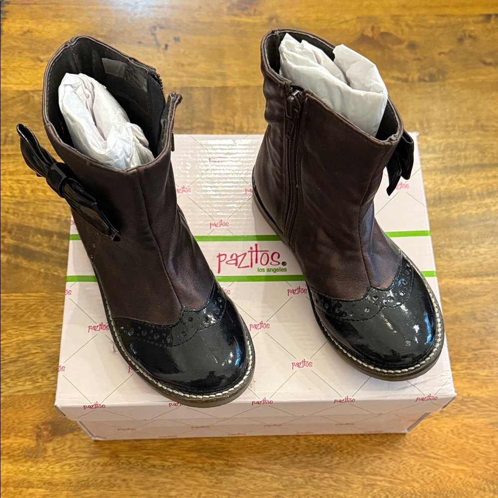 Pazitos Kids Dark Burgundy/Brown and Glossy Black Booties Sz 11 (28 EU)
